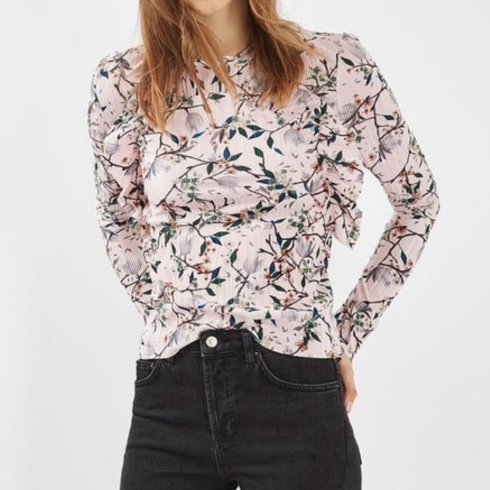 Topshop Print Ruffle Plissé Top